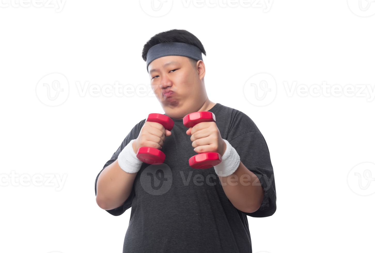 Young Asian fat man is exercising with his dumbbell, Png file