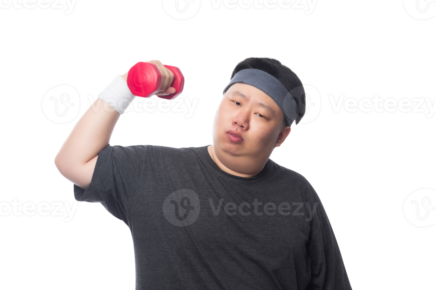 Young Asian fat man is exercising with his dumbbell, Png file