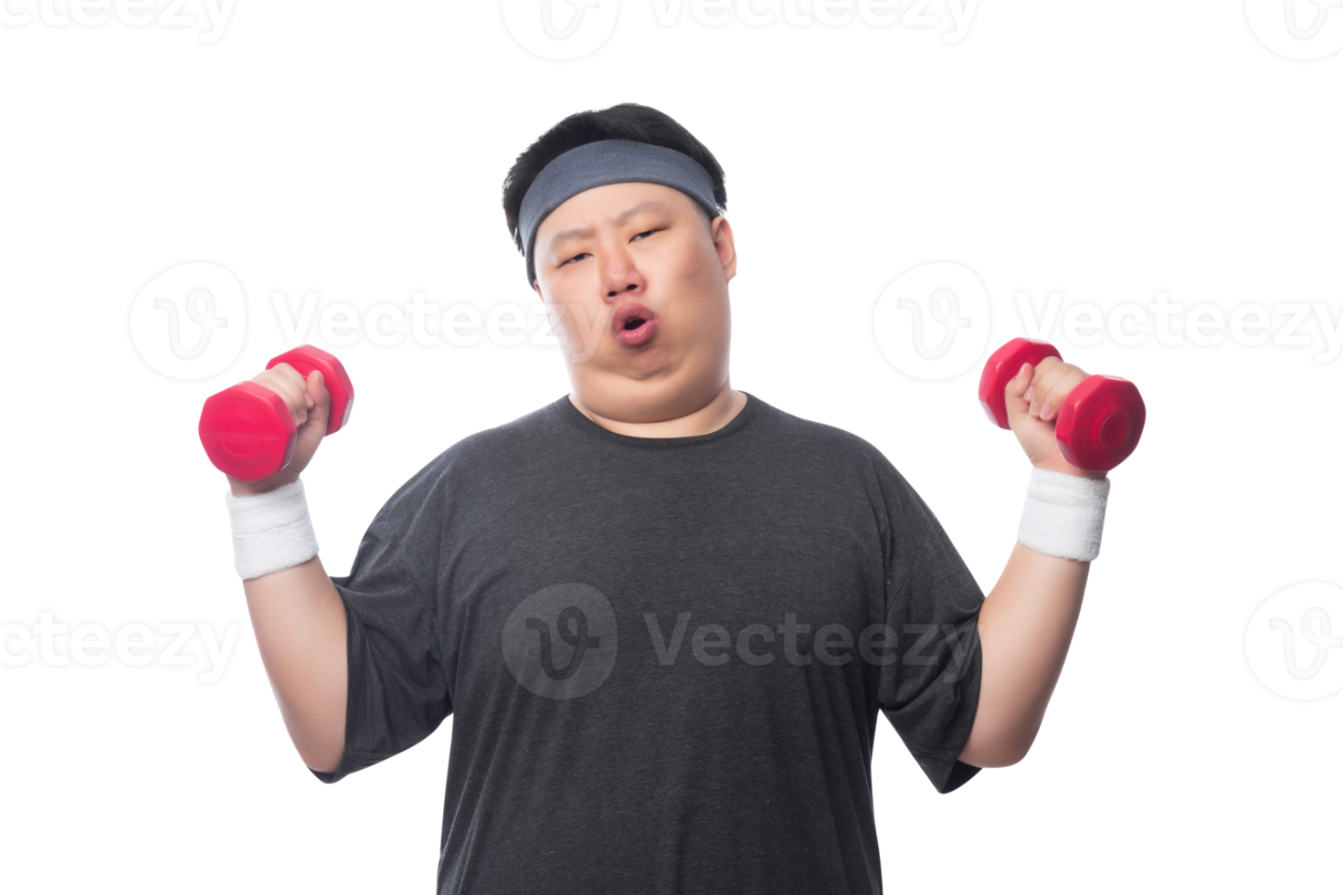 Young Asian fat man is exercising with his dumbbell, Png file