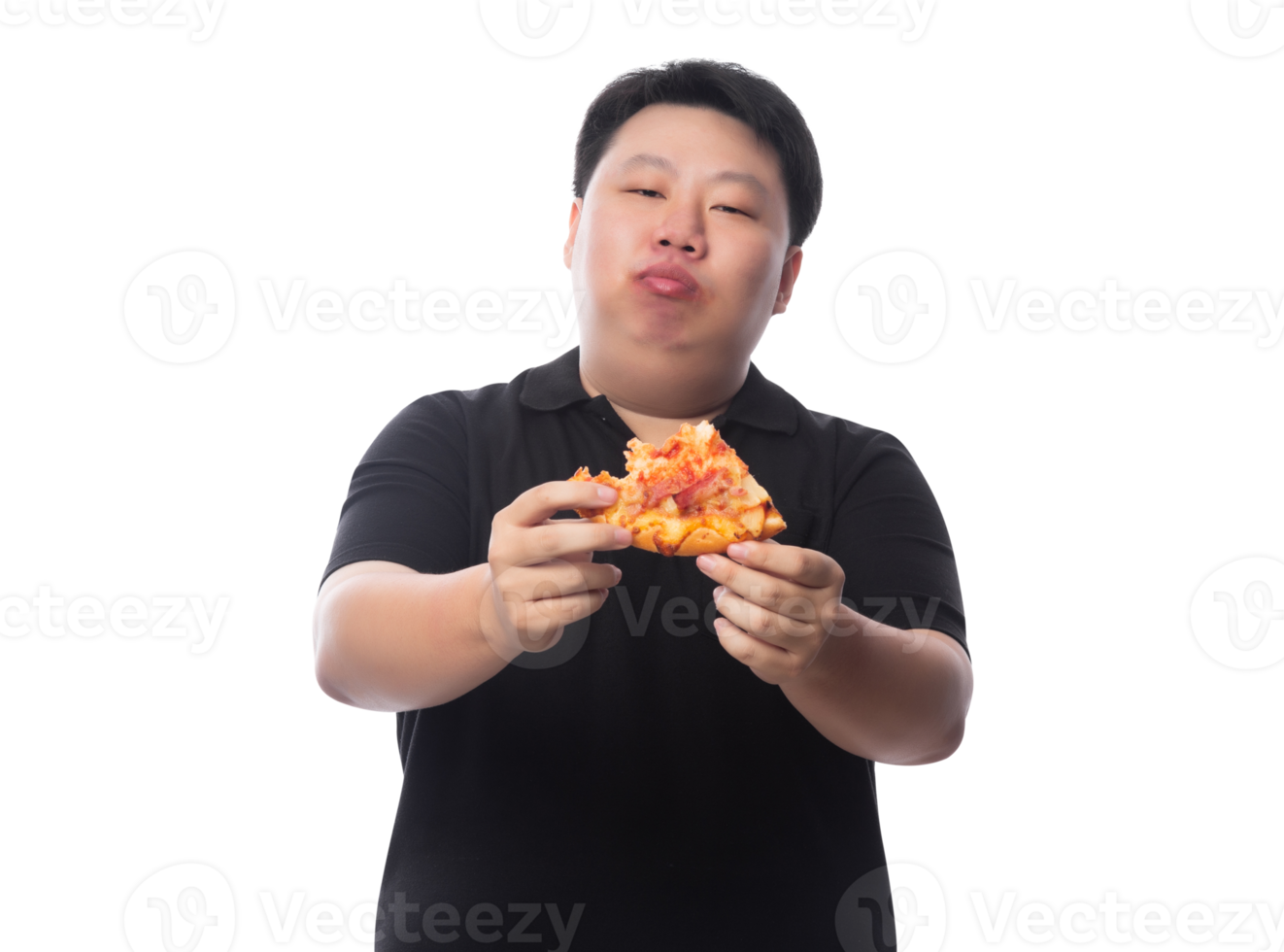 jovem asiático gordo engraçado com pizza, arquivo png
