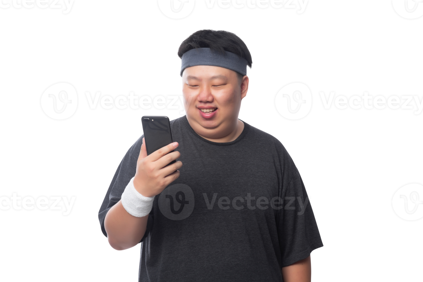 ung asiatisk fet sportman som använder smartphone, png-fil png