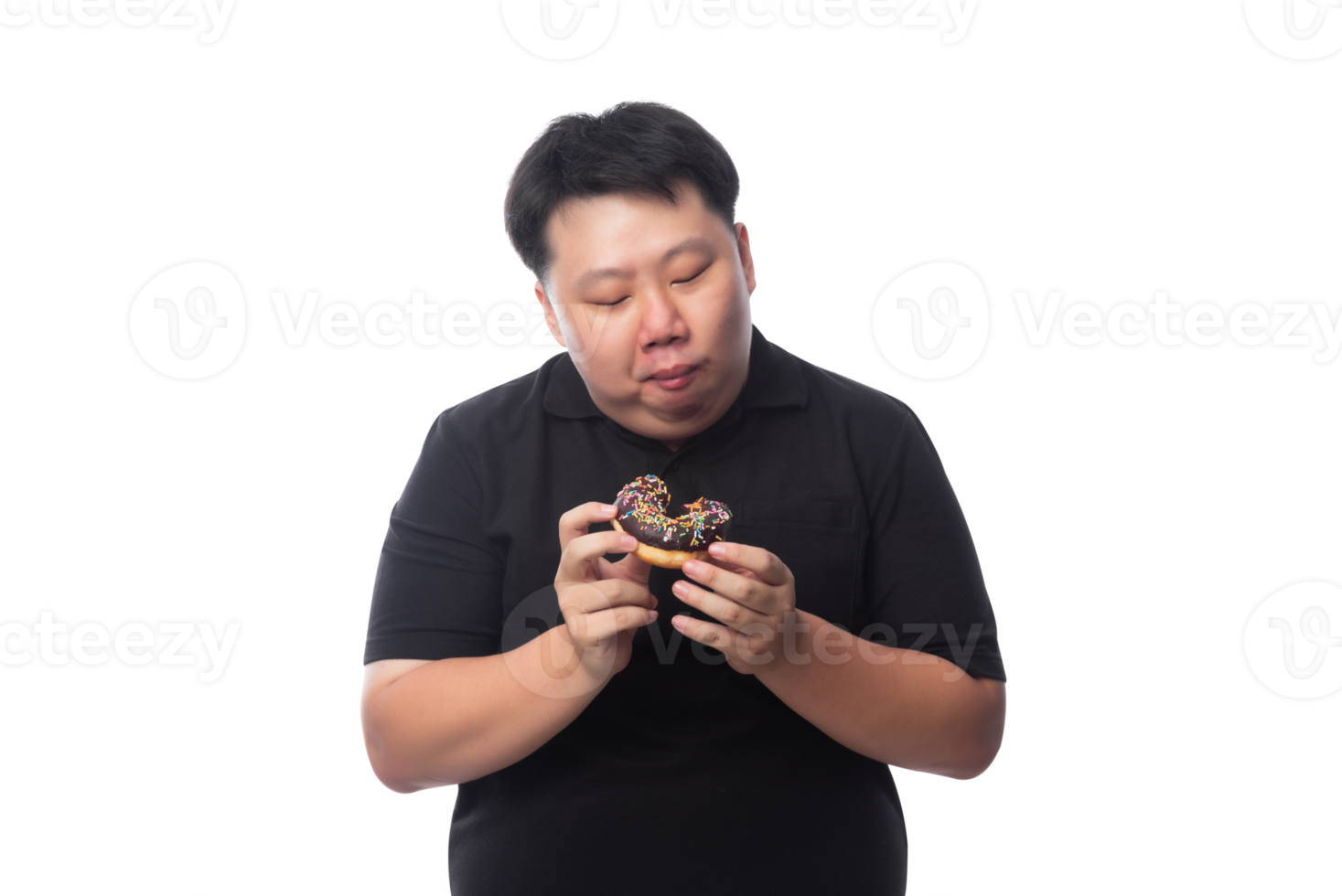 Young Funny Fat Asian man with donuts, Png file