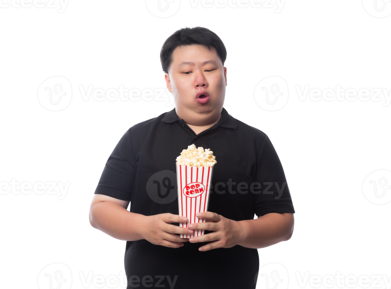 Young Funny Fat Asian man with popcorn, Png file