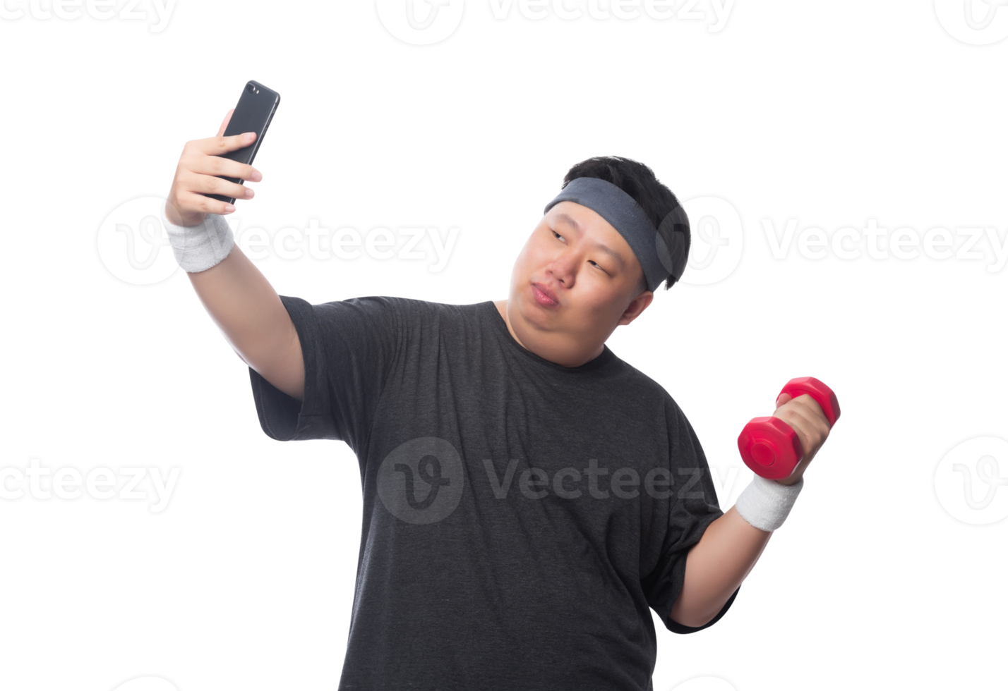 Young Asian fat sport man using smartphone, Png file