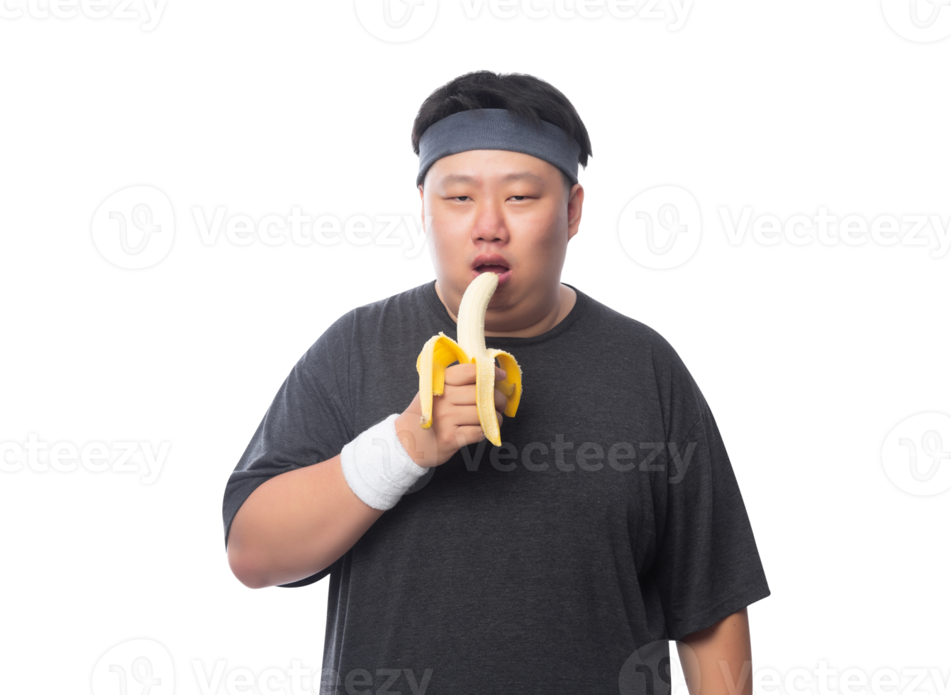 Young Asian funny fat sport man with bananas, Png file