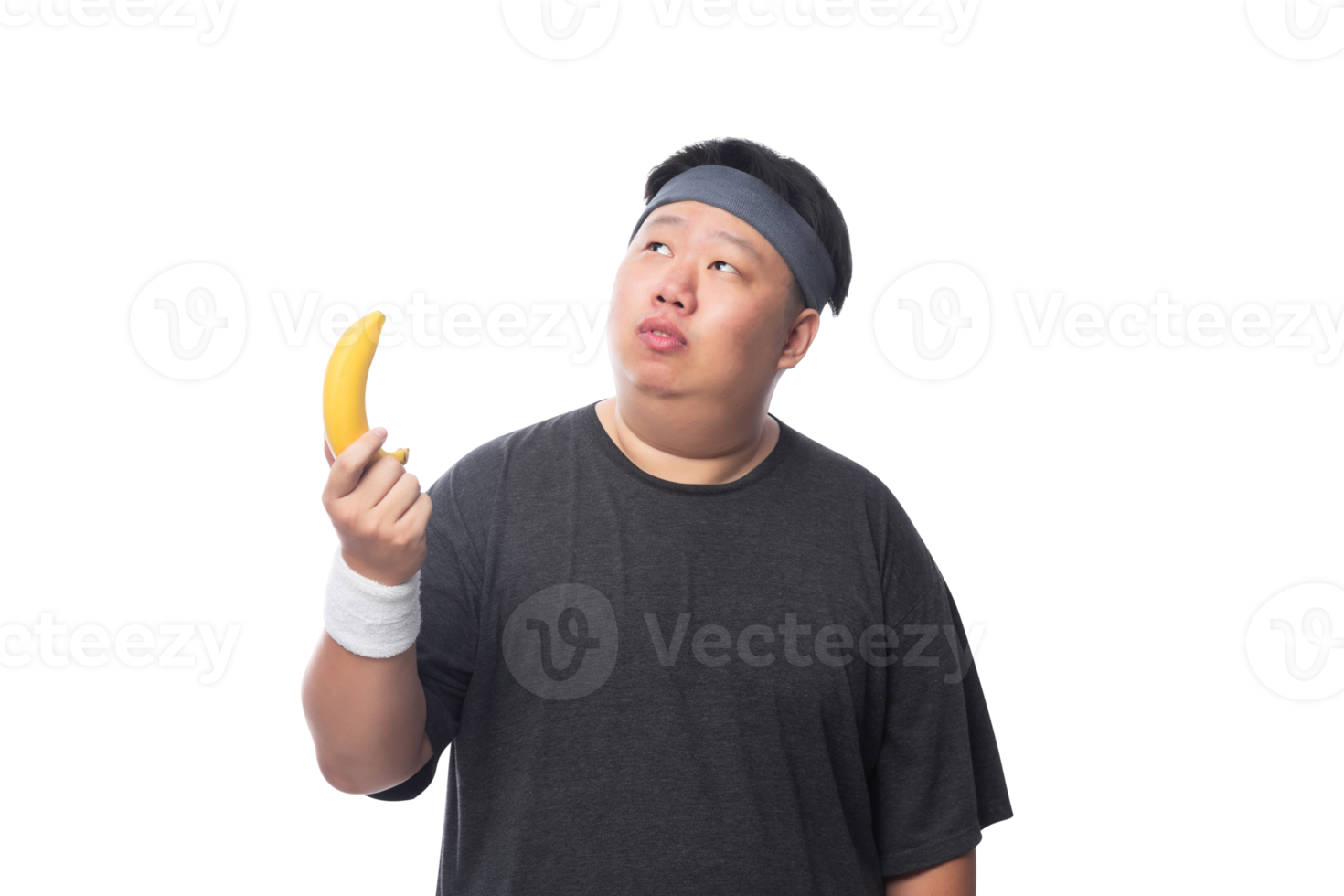 Young Asian funny fat sport man with bananas, Png file