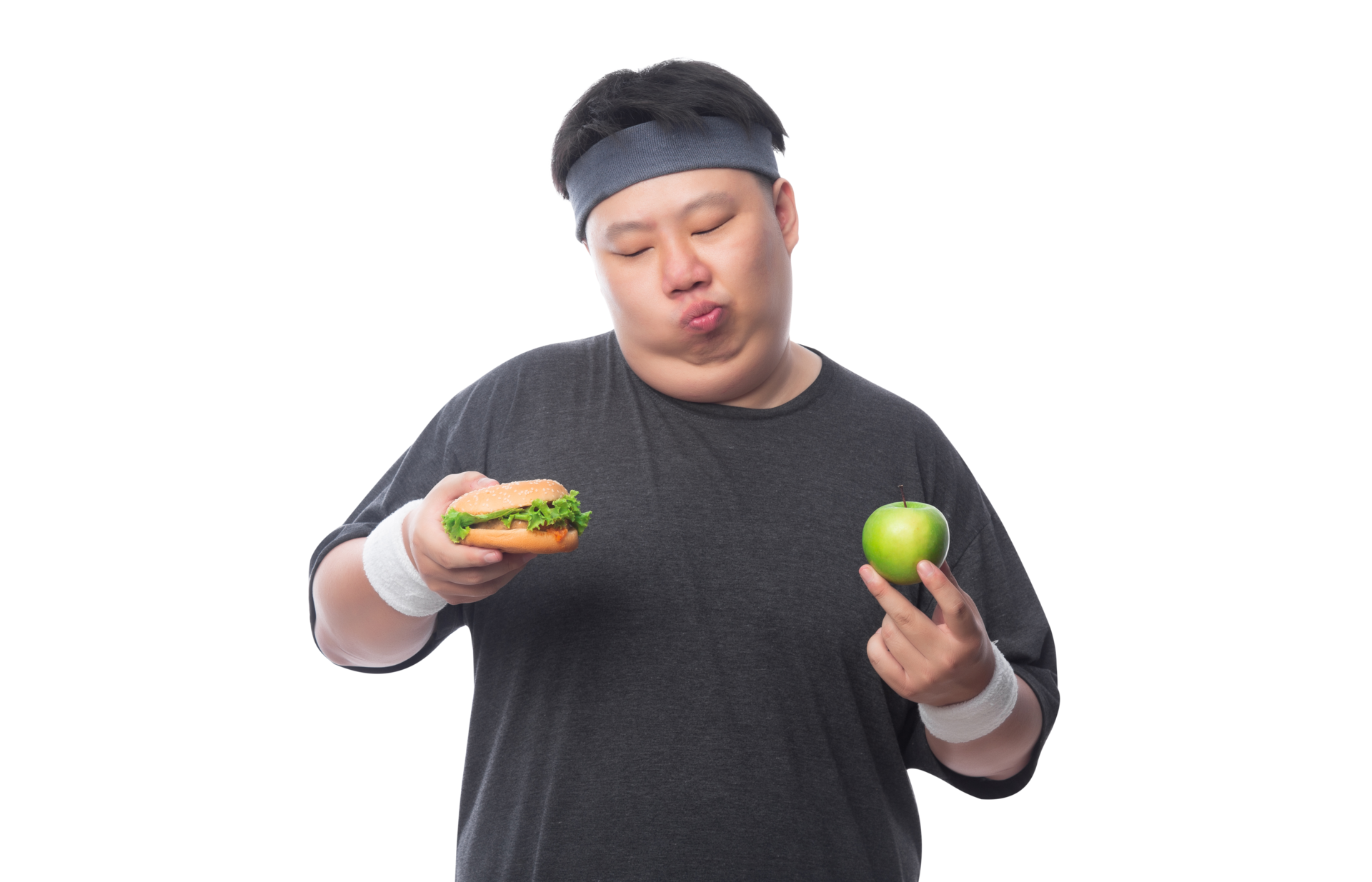 Free Young Asian funny fat sport man holding hamburger and green apple, Png file 9352036 PNG with Transparent Background Free Young Asian funny fat sport man holding hamburger and green apple, Png file 9352036 PNG with Transparent Background