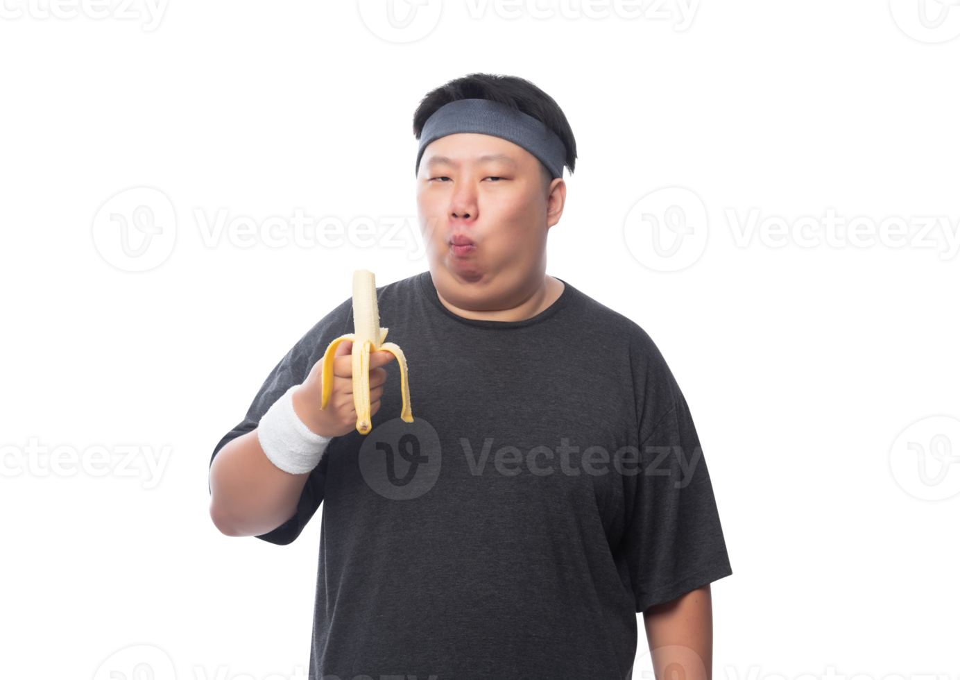 Young Asian funny fat sport man with bananas, Png file