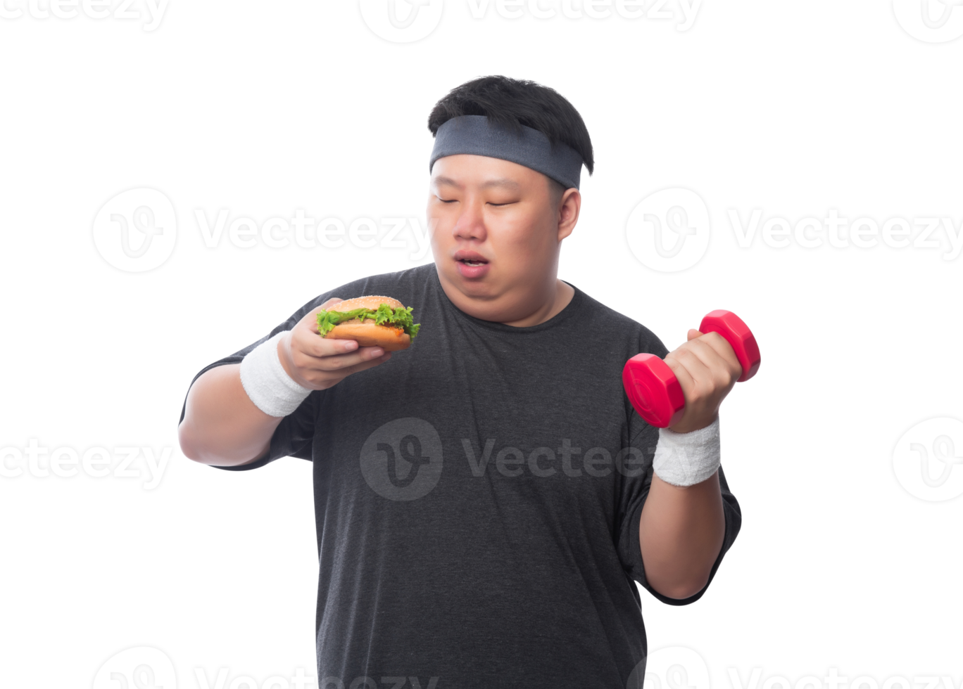 jovem asiático gordo esporte engraçado segurando hambúrguer e haltere, arquivo png