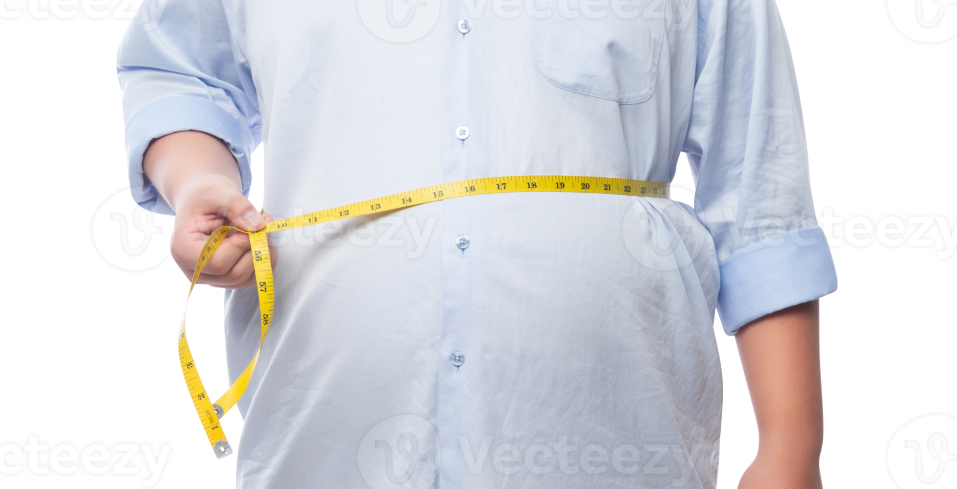 hombre gordo sosteniendo una cinta métrica para ver su cuerpo, archivo png