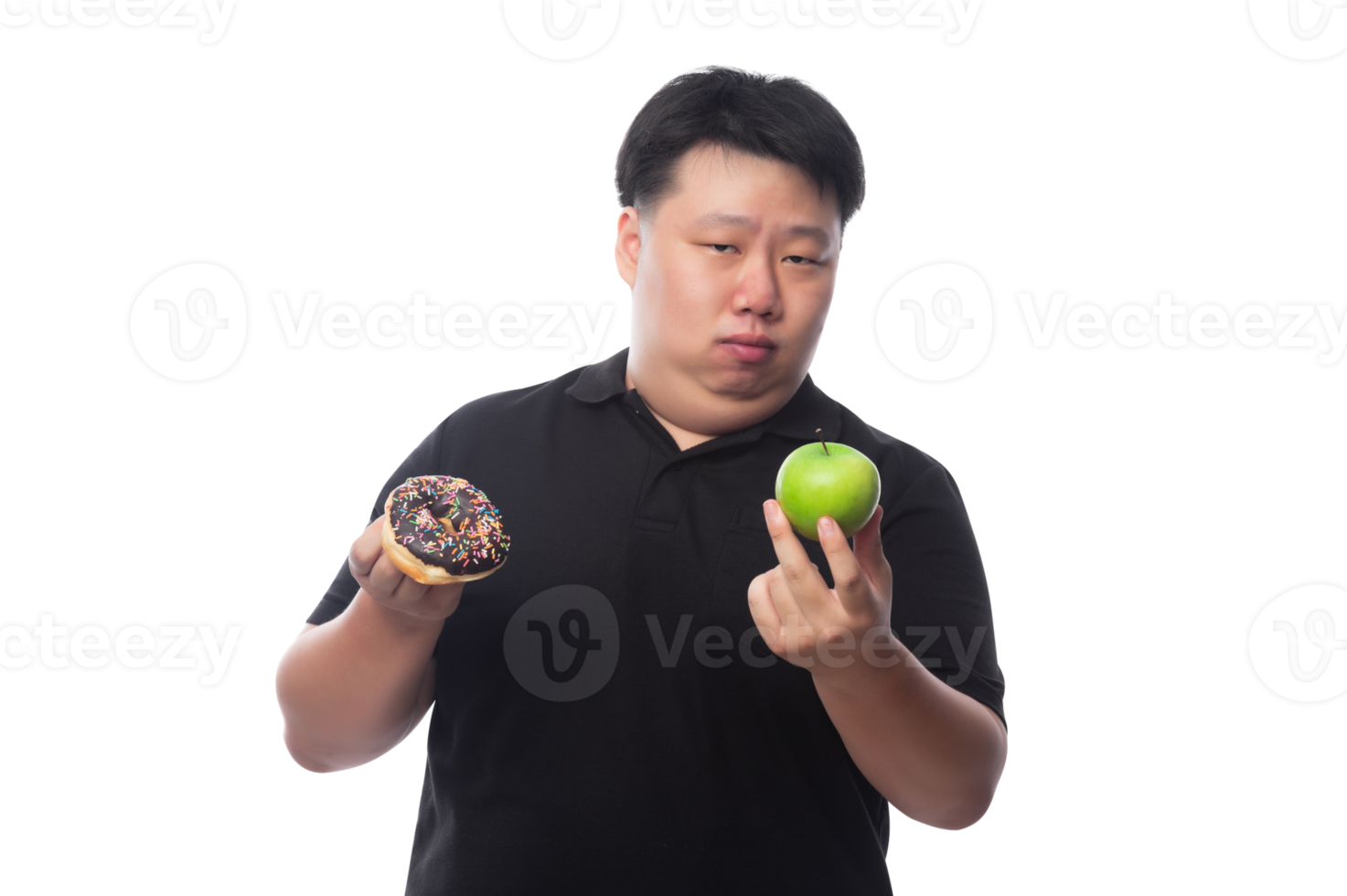 Young Funny Fat Asian man with donuts, Png file