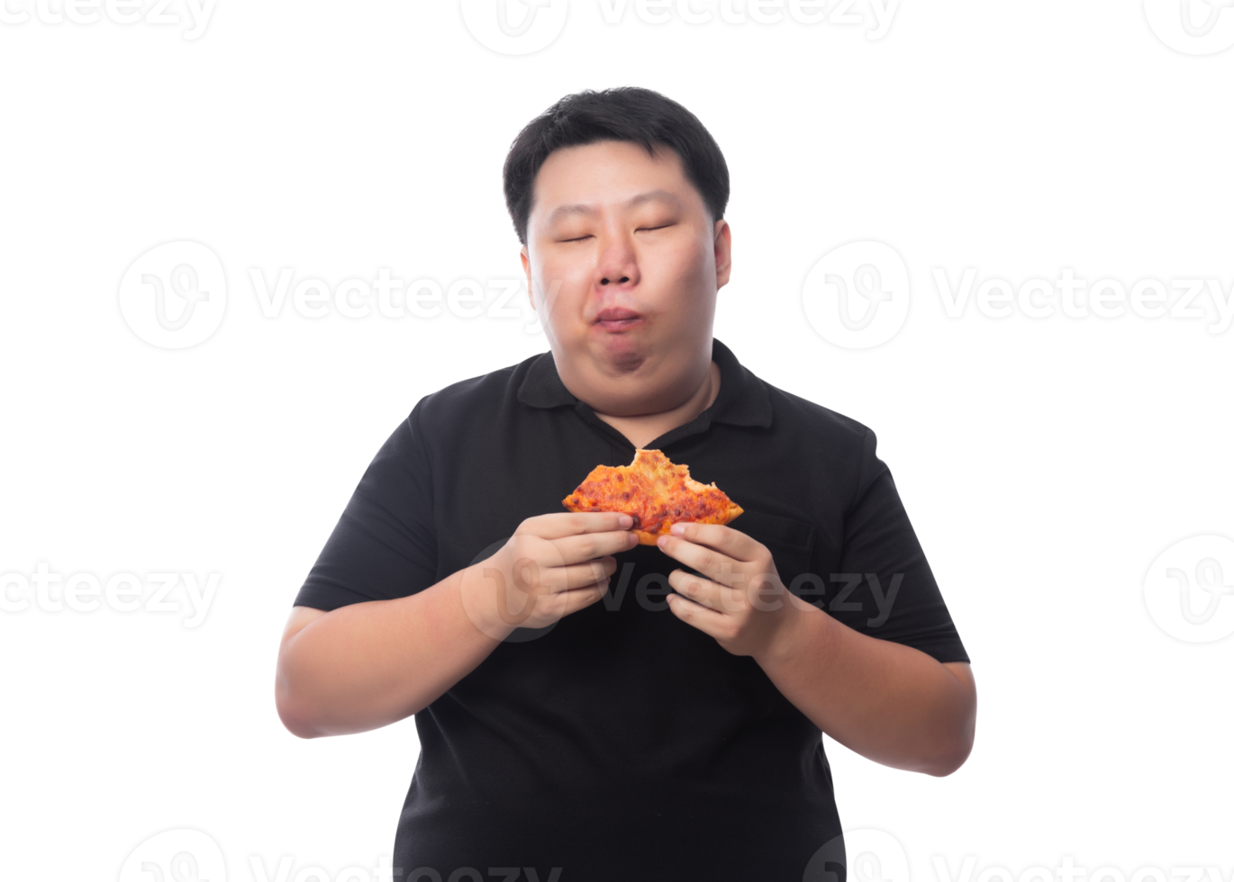 jeune drôle gros homme asiatique avec pizza, fichier png