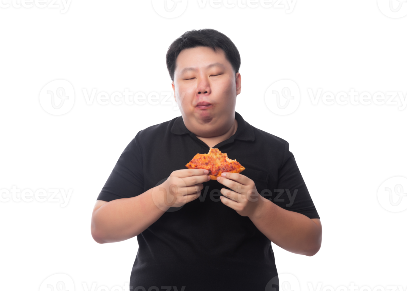 Young Funny Fat Asian man with pizza, Png file