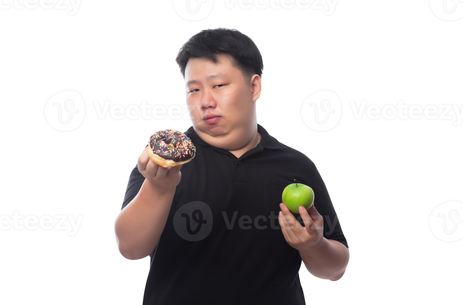 Young Funny Fat Asian man with donuts, Png file