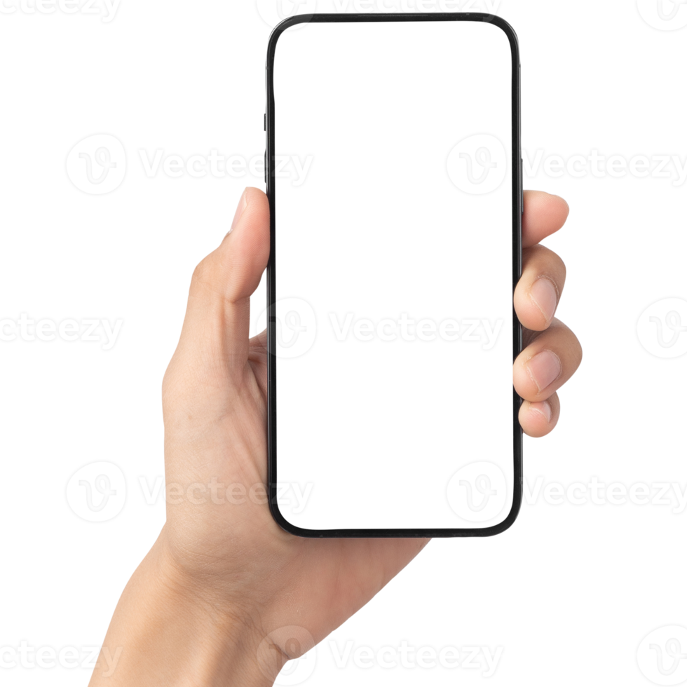 mano che tiene e utilizza il ritaglio del modello del telefono, file png