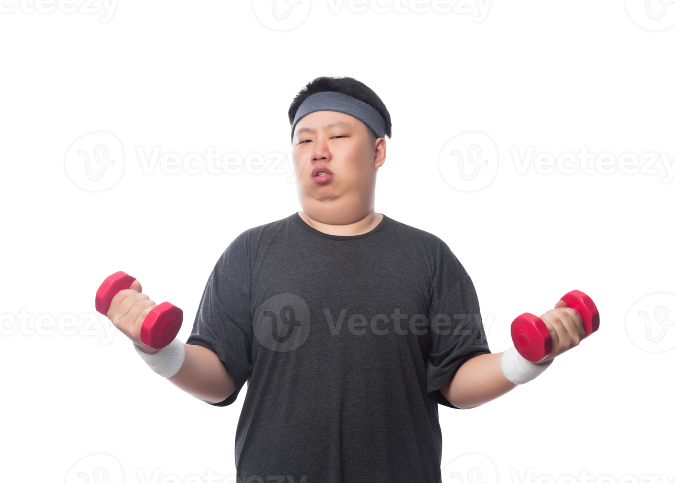 Young Asian fat man is exercising with his dumbbell, Png file