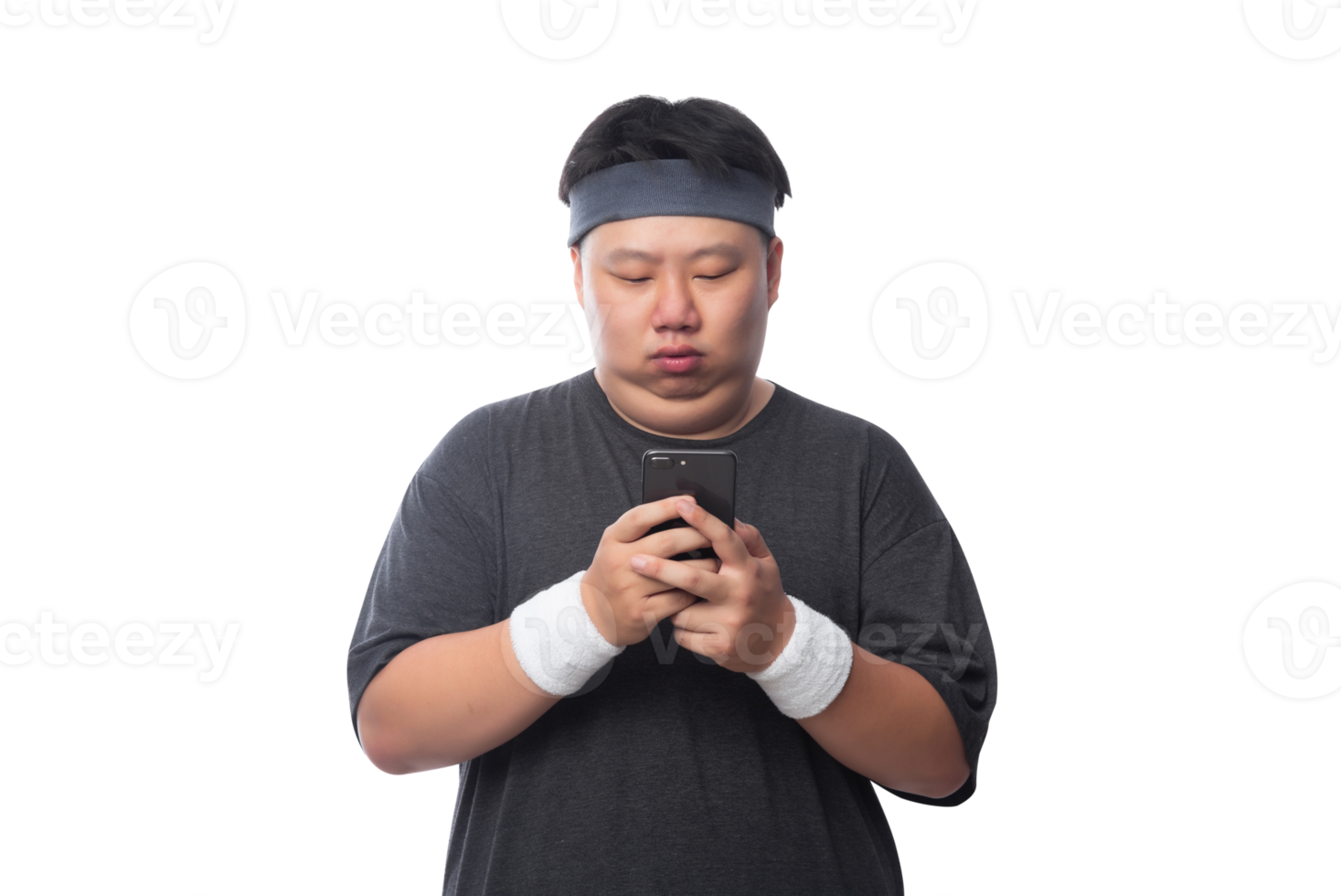 Young Asian fat sport man using smartphone, Png file