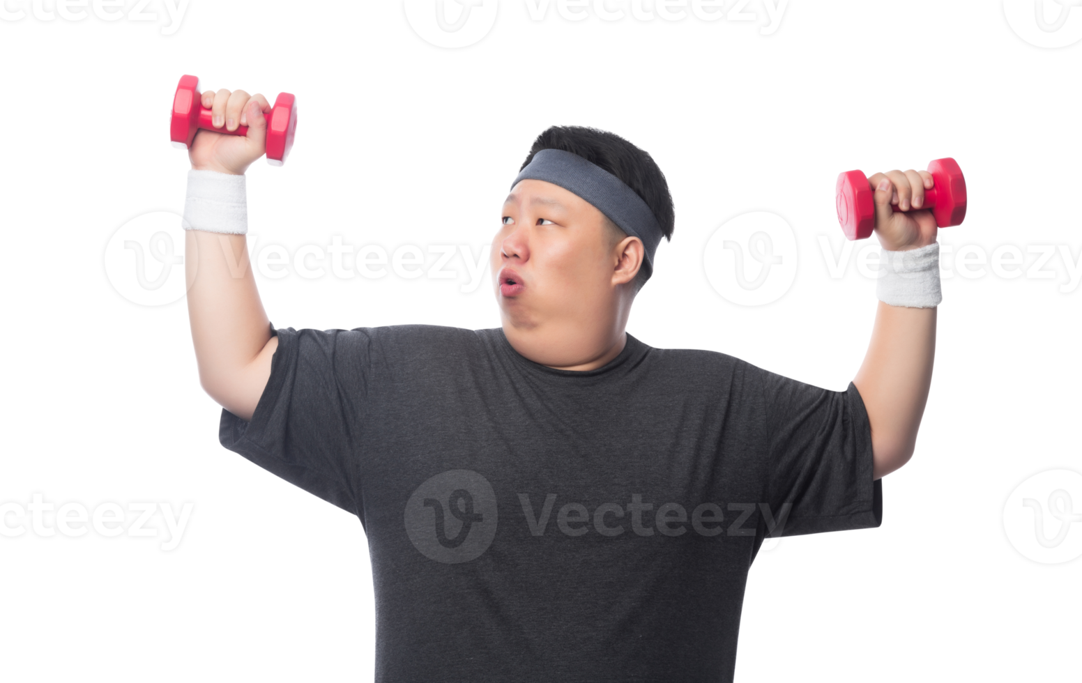 Young Asian fat man is exercising with his dumbbell, Png file