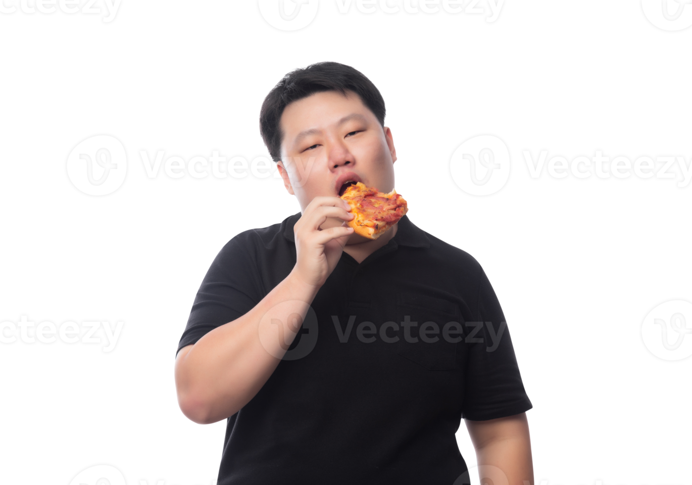 joven asiático gordo divertido con pizza, archivo png