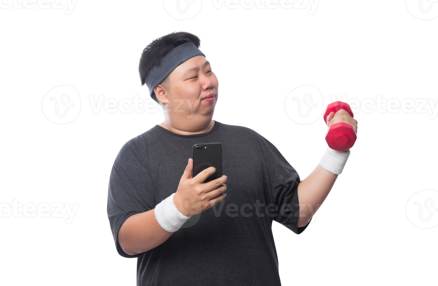 Young Asian fat sport man using smartphone, Png file