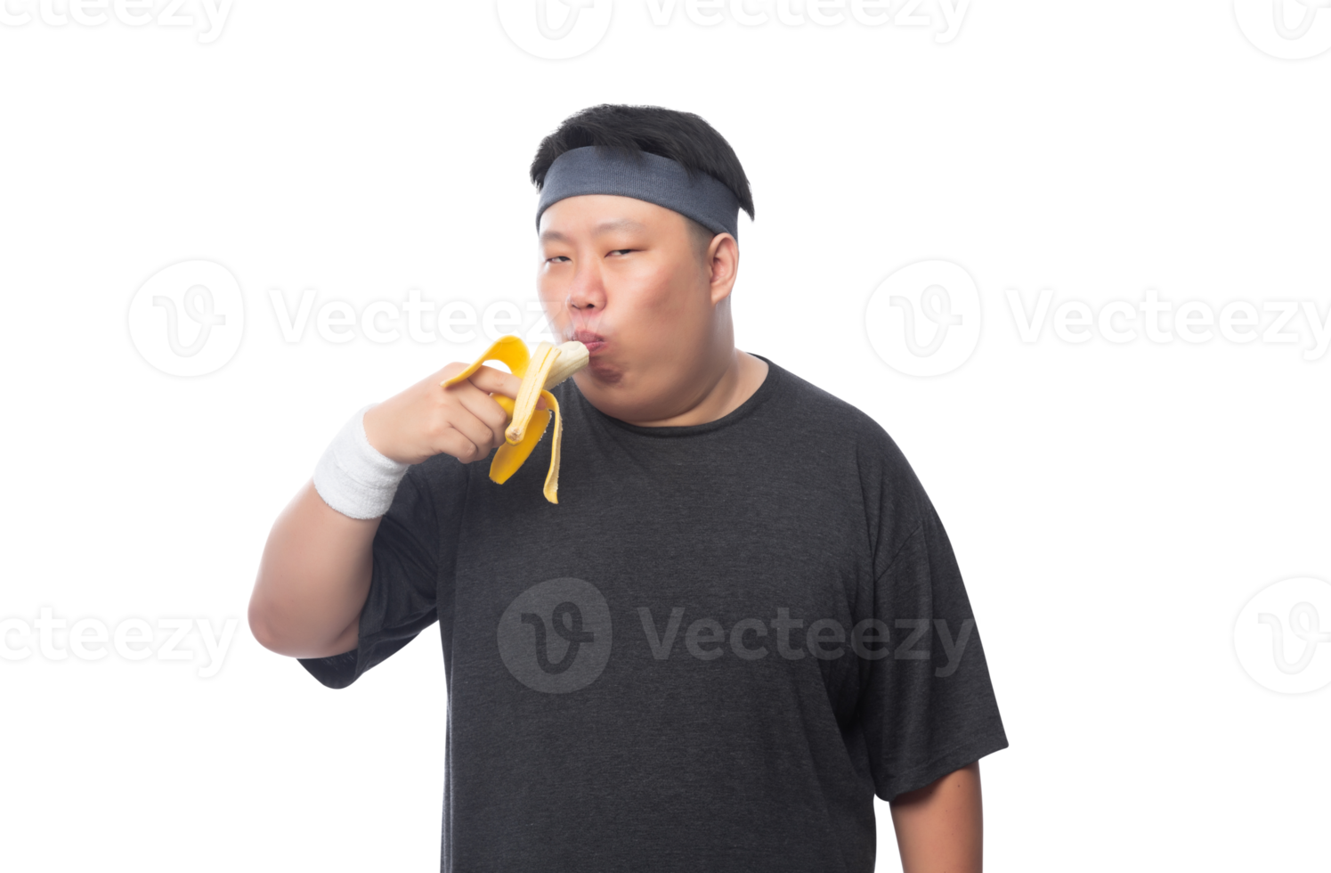 Young Asian funny fat sport man with bananas, Png file