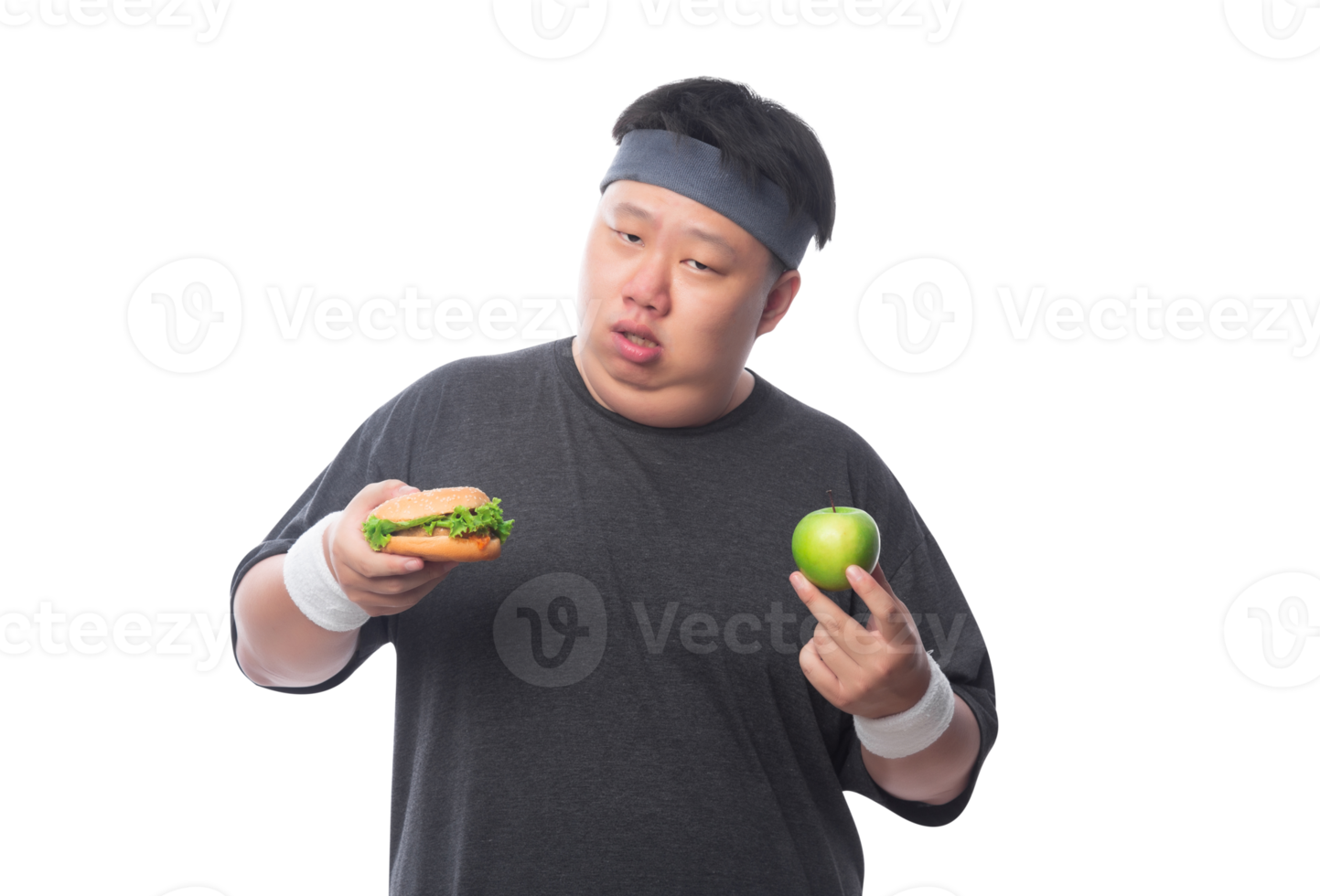 Young Asian funny fat sport man holding hamburger and green apple, Png file