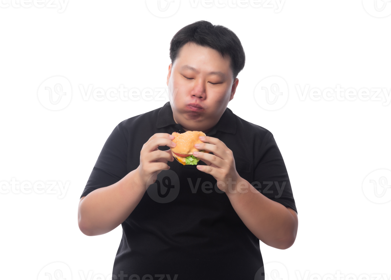 Young Funny Fat Asian man with hamburger, Png file