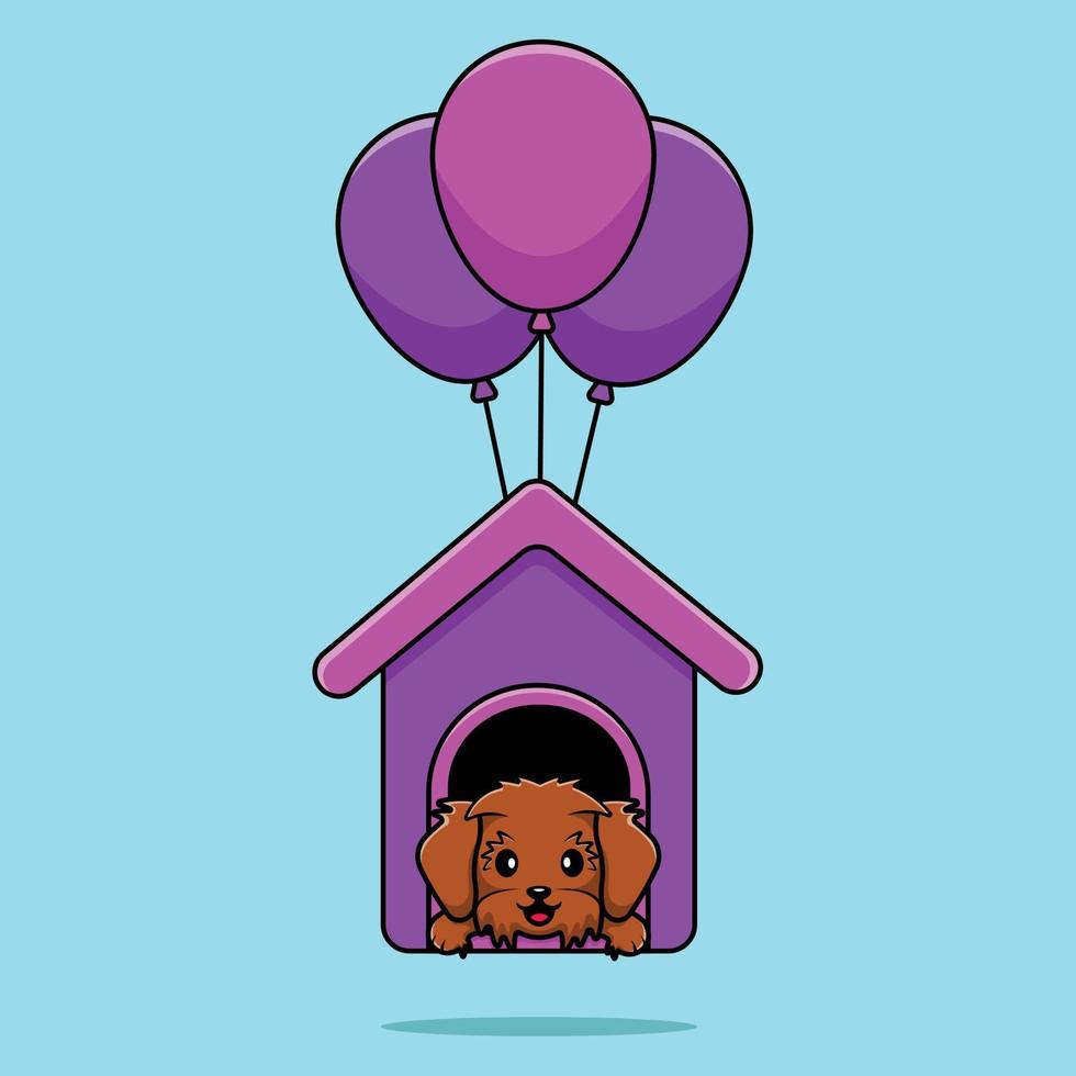 Cute Maltipoo Dog In House Floating With Balloon Cartoon Vector Icon Illustration. Animal Flat Cartoon Concept