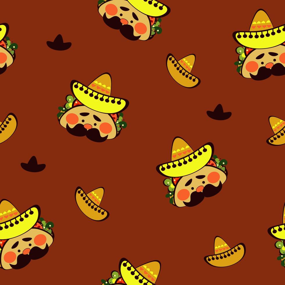 Seamless pattern Tacos character sombrero doodle, traditional Mexican food, doodle sketch style vector illustration on white background.