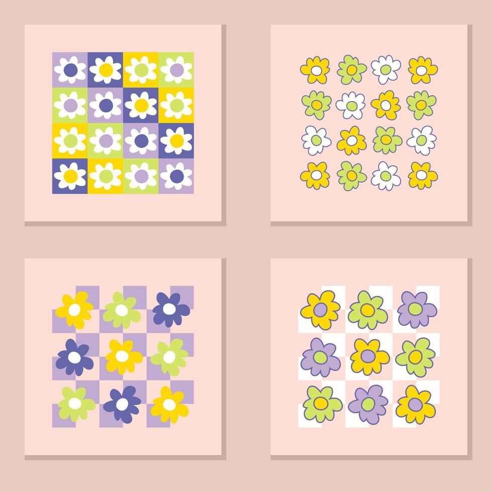 Floral prints collection with daisy flowers in 1970s style. vector