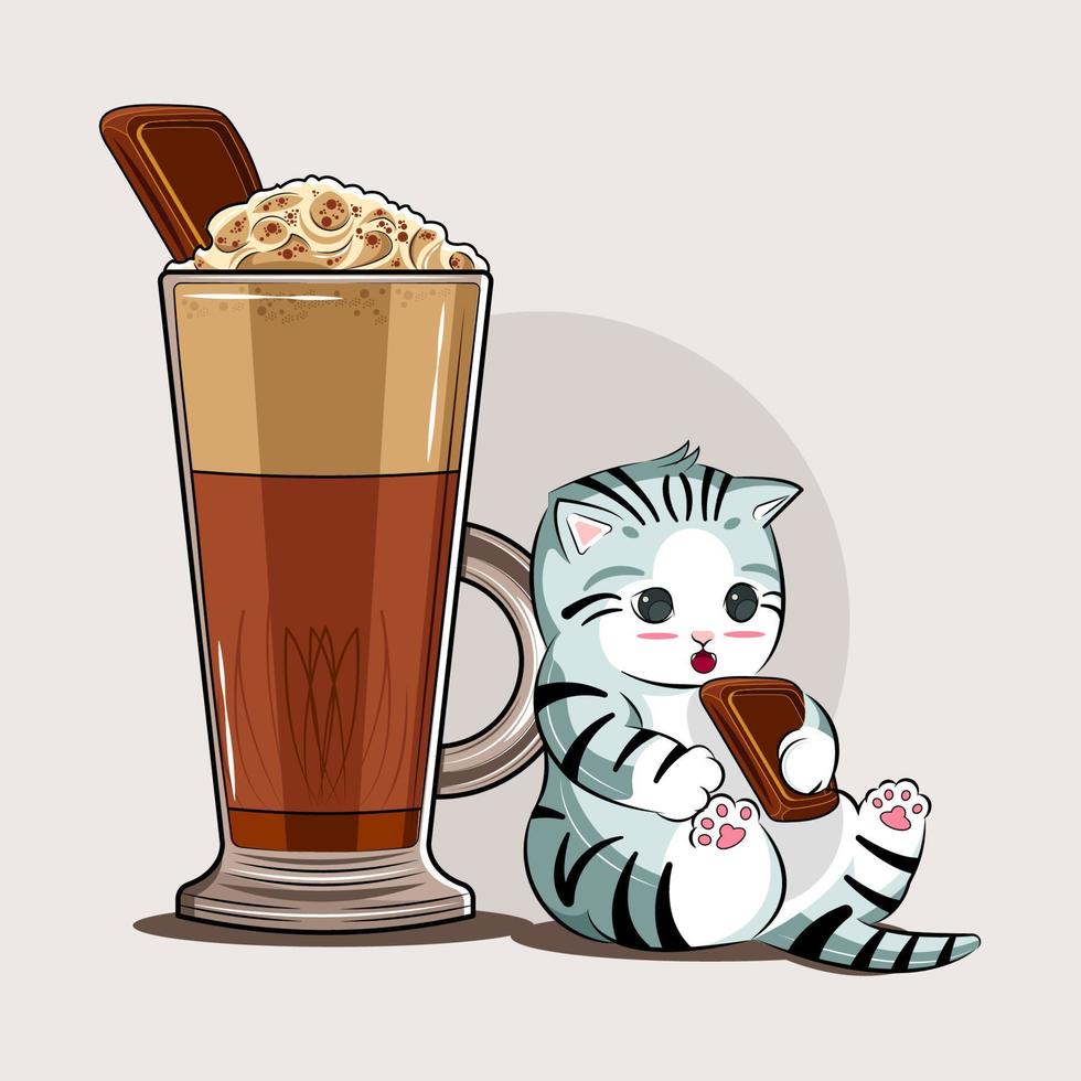 lindo gato con café helado ilustración vectorial descarga profesional vector