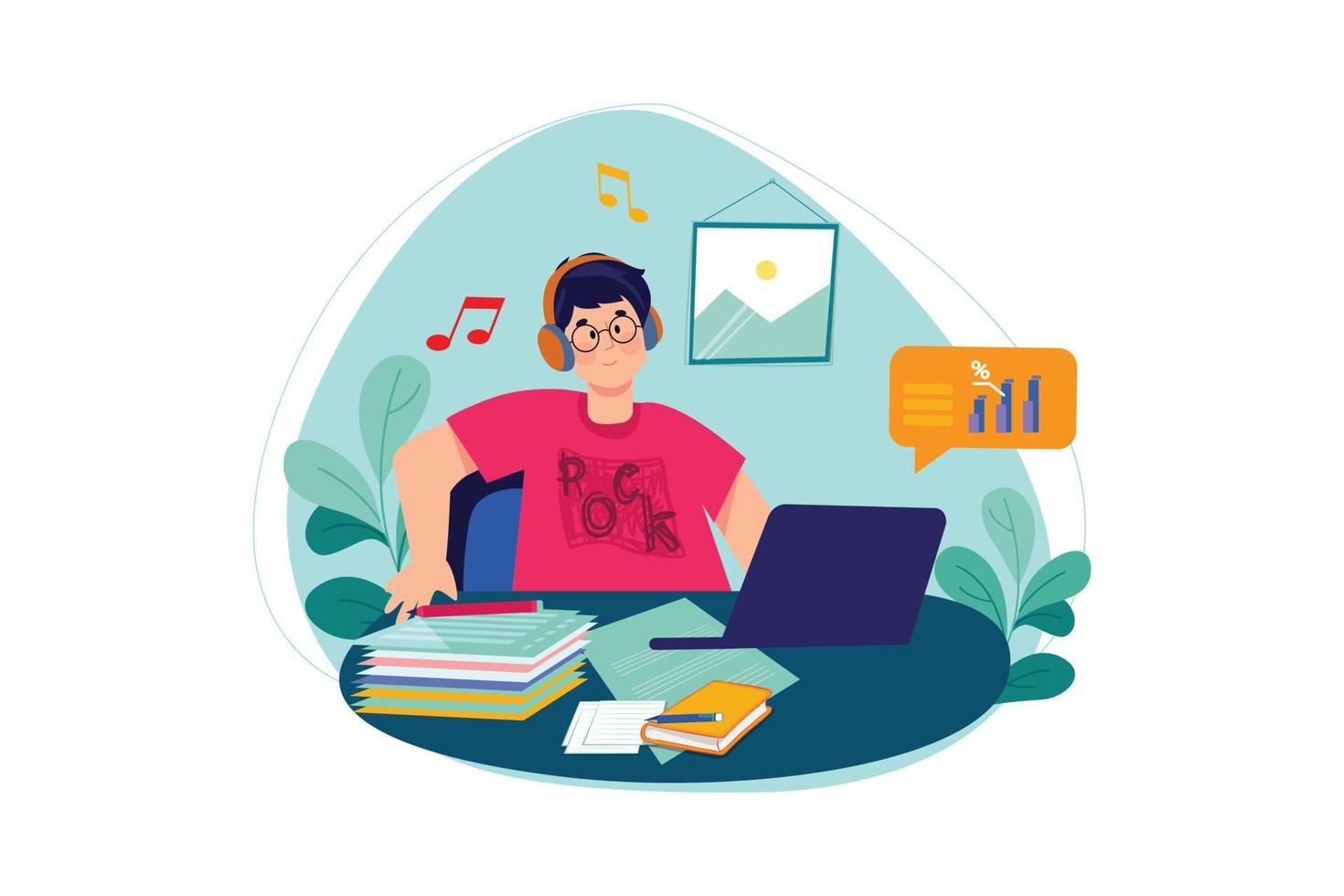 Listening to music while doing work from home vector