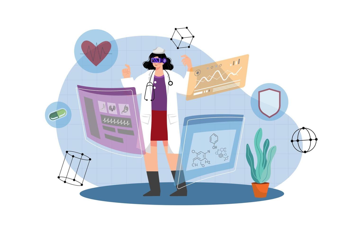 Doctor is studying medicine using VR vector
