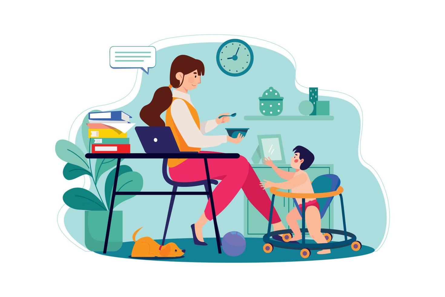Working from home with handling baby vector
