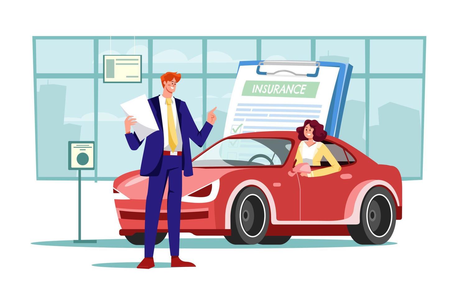 Beautiful young woman in a red car is talking to a car insurance salesman vector