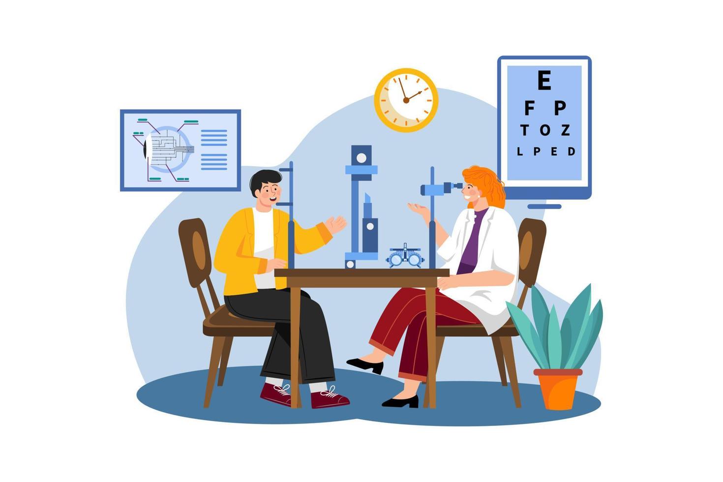 Female ophthalmologist checking patients' eyesight vector