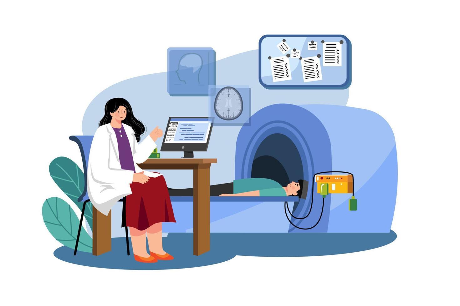 Doctor checking patient health using MRI machine vector