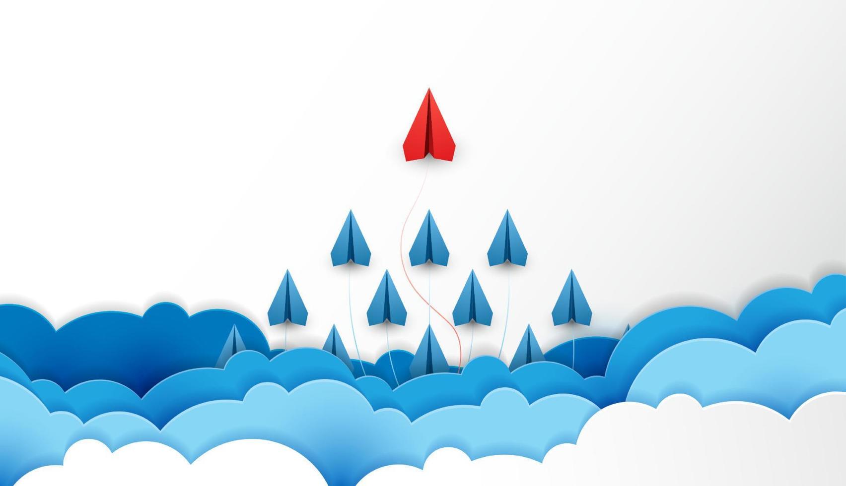 Paper plane are competition to destination up to the clouds and sky go to success goal. financial concept. leadership. creative idea. nature landscape and concept of business by paper art. vector