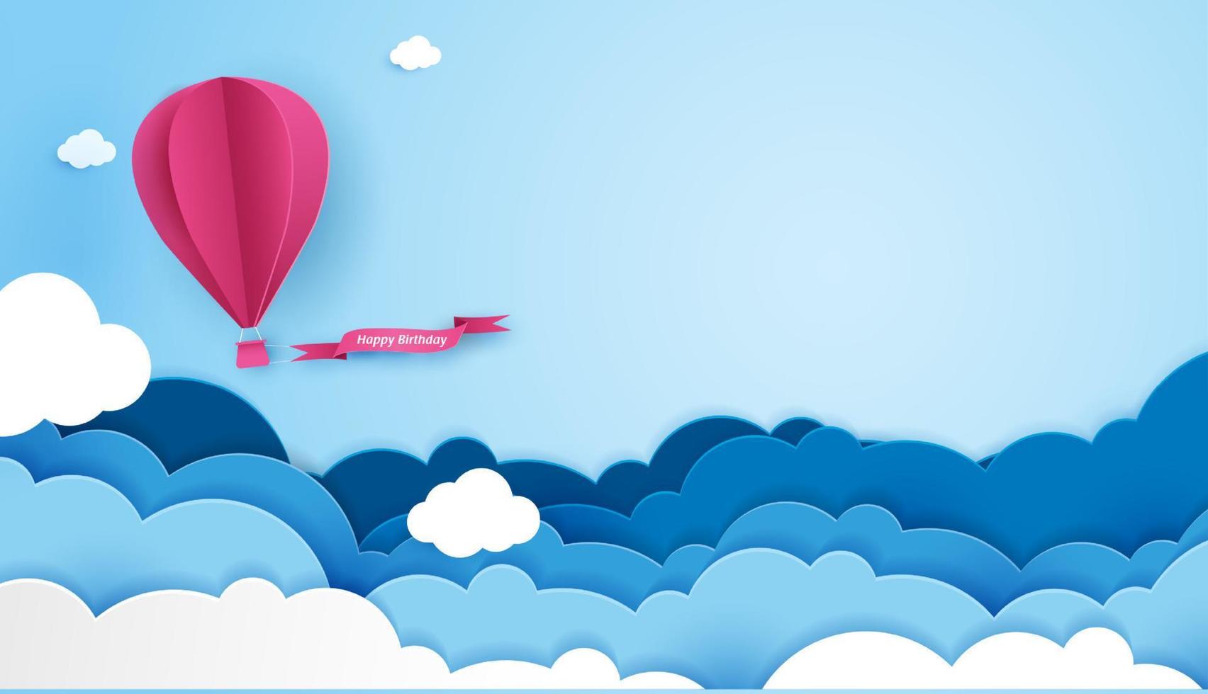 arte de papel de cumpleaños con globo y nube en el cielo. se puede utilizar para papel tapiz, invitación, afiches, pancartas. diseño vectorial vector