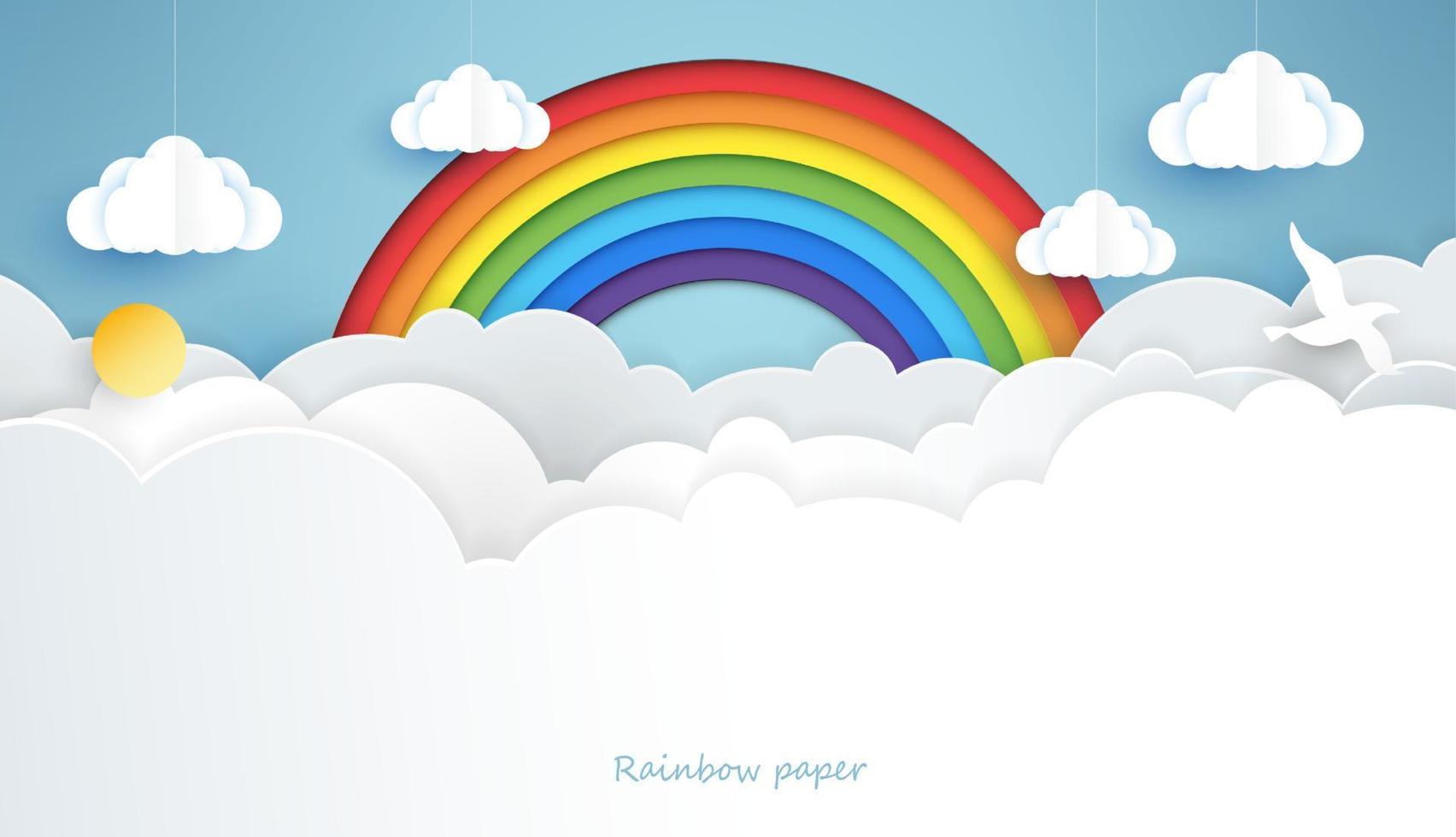 Paper art rainbow colours with sun, bird and cloud in the sky. rainbow are red, orange, yellow, green, blue, indigo and violet. vector design