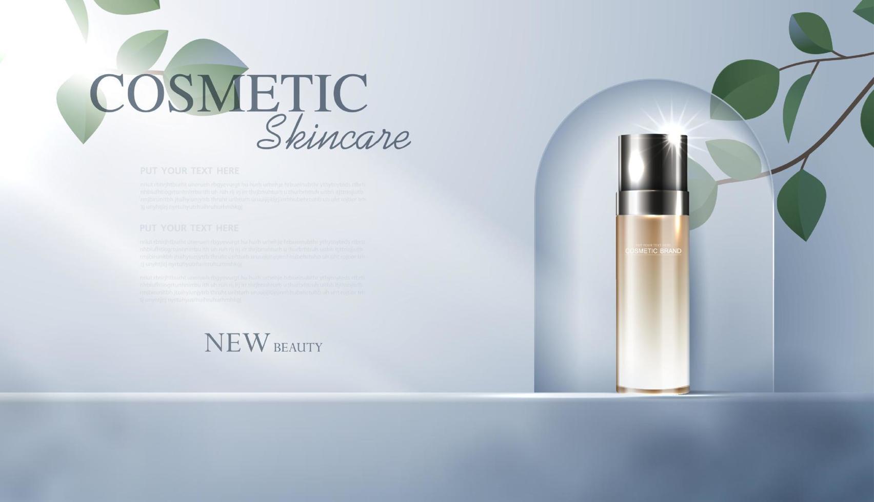 Cosmetics or skin care product ads with bottle, banner ad for beauty products and leaf background glittering light effect. vector design
