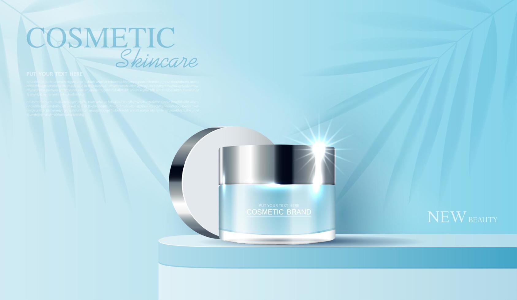Cosmetics or skin care product ads with bottle, banner ad for beauty products and leaf background glittering light effect. vector design