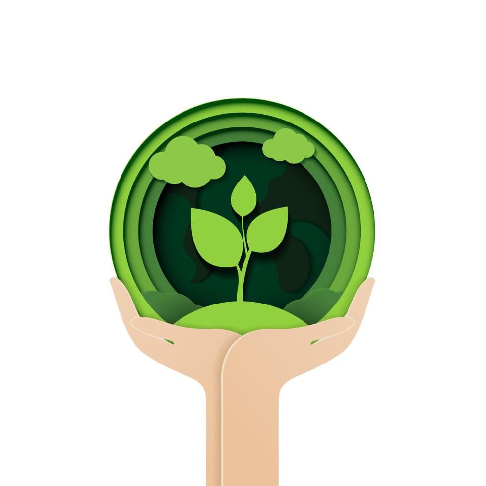 Paper cut of hands holding plant sprout ecological abstract concept. seedling tree leaves. save planet nature environment grow life ecology. vector design