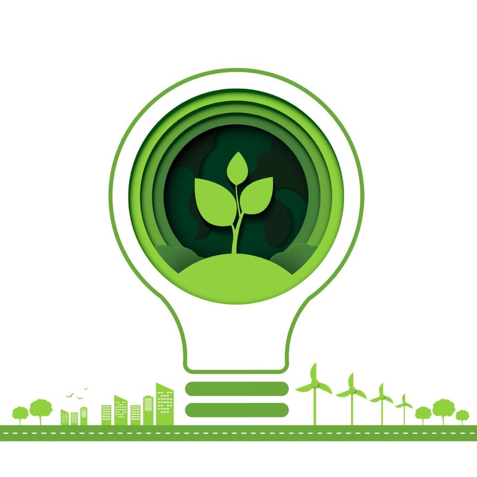 Paper art of green ecology technology and nature concept. save energy creative idea concept. light bulb with nature and environment conservation. vector design