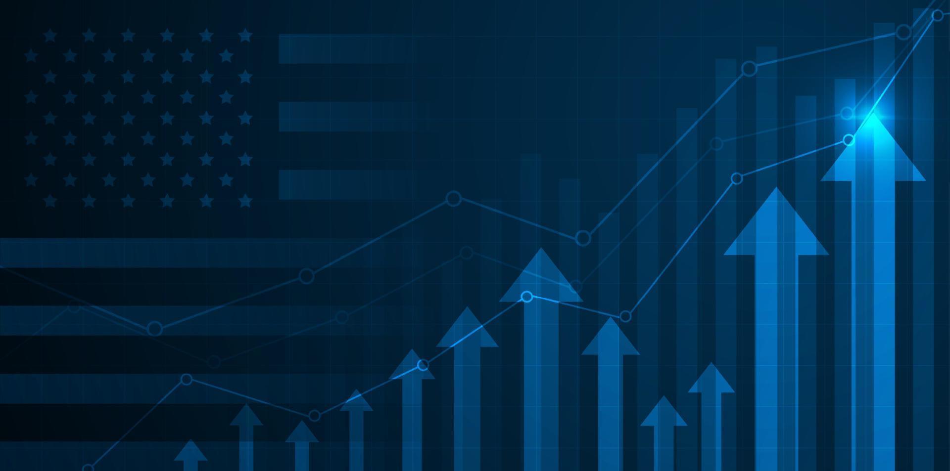 Growing chart against the background of the USA America flag candlestick graph Stock market exchange and graph chart business finance money investment on display board. vector design