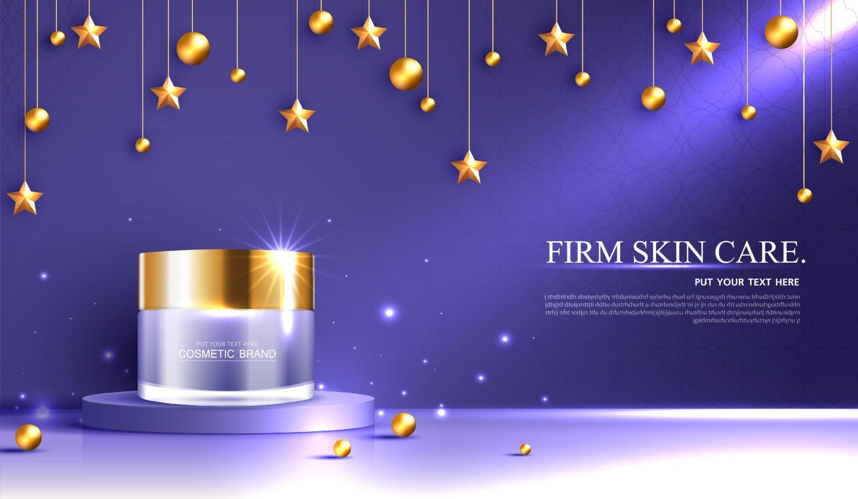 Night cosmetics or skin care product ads with bottle, banner ad for beauty products , star and golden pearl on purple background glittering light effect. vector design