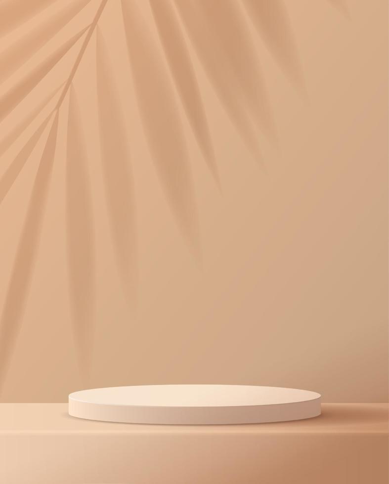 Cosmetic light brown background minimal and premium podium display for product presentation branding and packaging presentation. studio stage with shadow of leaf background. 3D illustration design vector