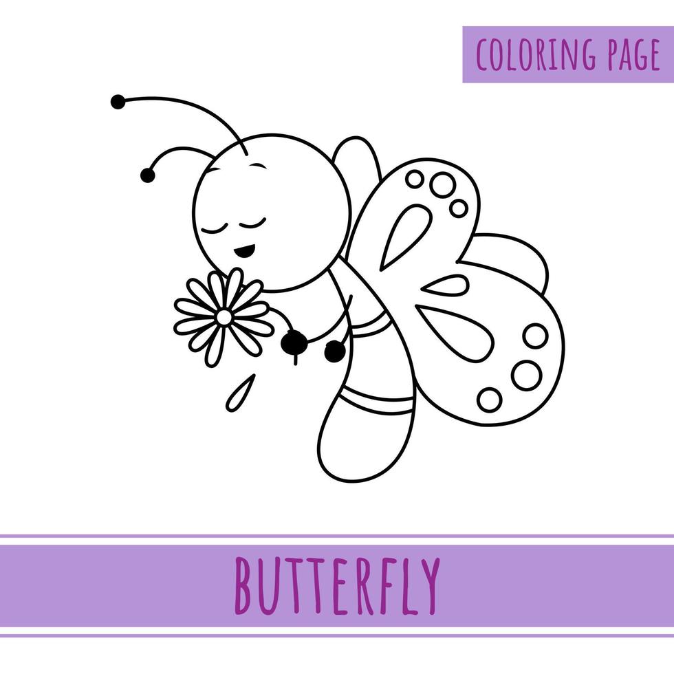 Coloring Page Of Cute Butterfly Holding Flower. Suitable For Kids Activities vector