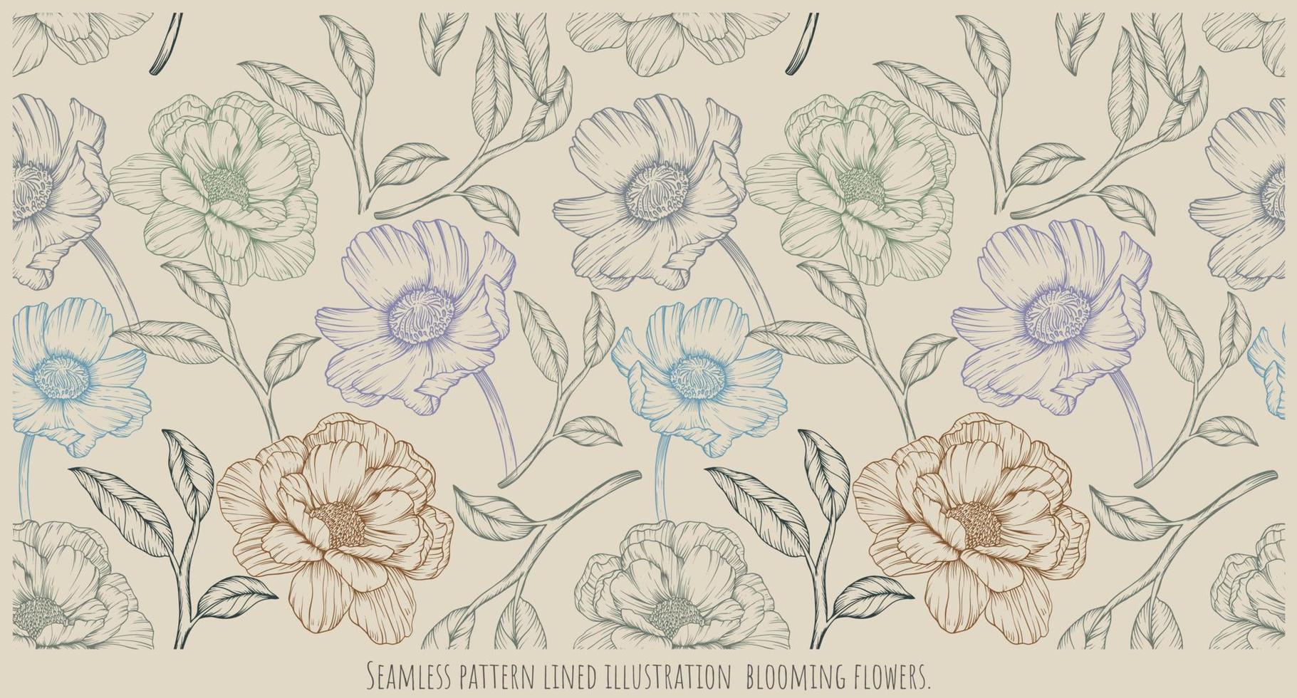 Seamless pattern Hand drawn lined illustration  blooming flowers 2 vector