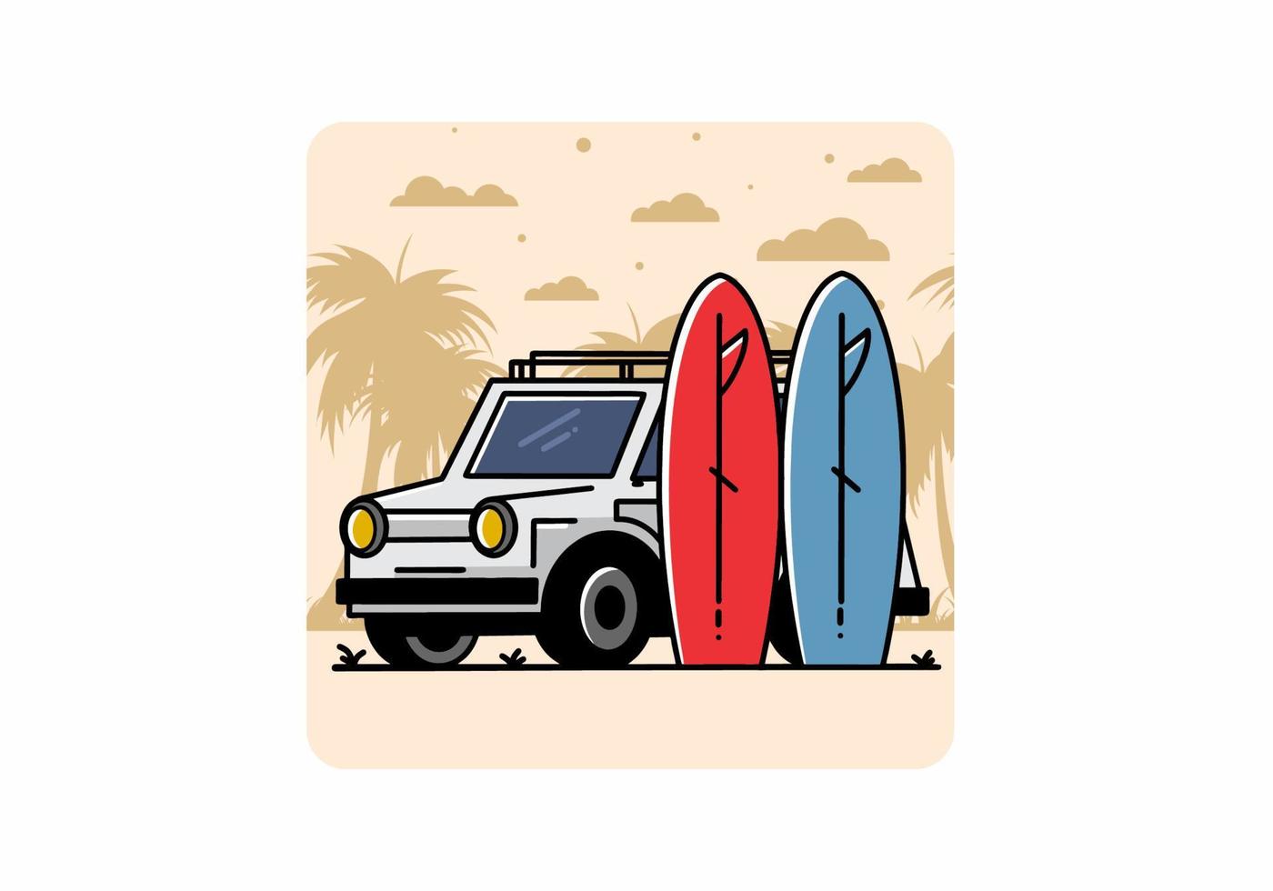 Small car and two surfboards illustration vector